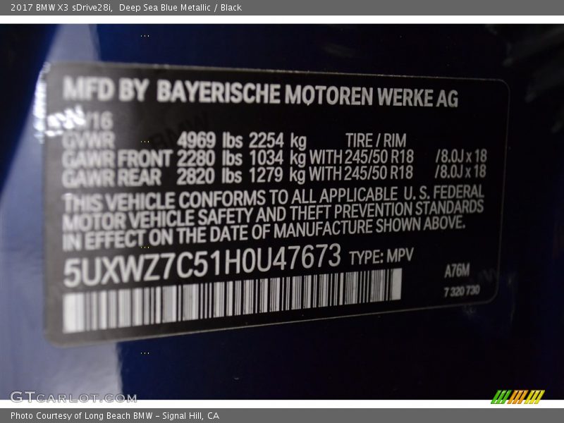 Deep Sea Blue Metallic / Black 2017 BMW X3 sDrive28i