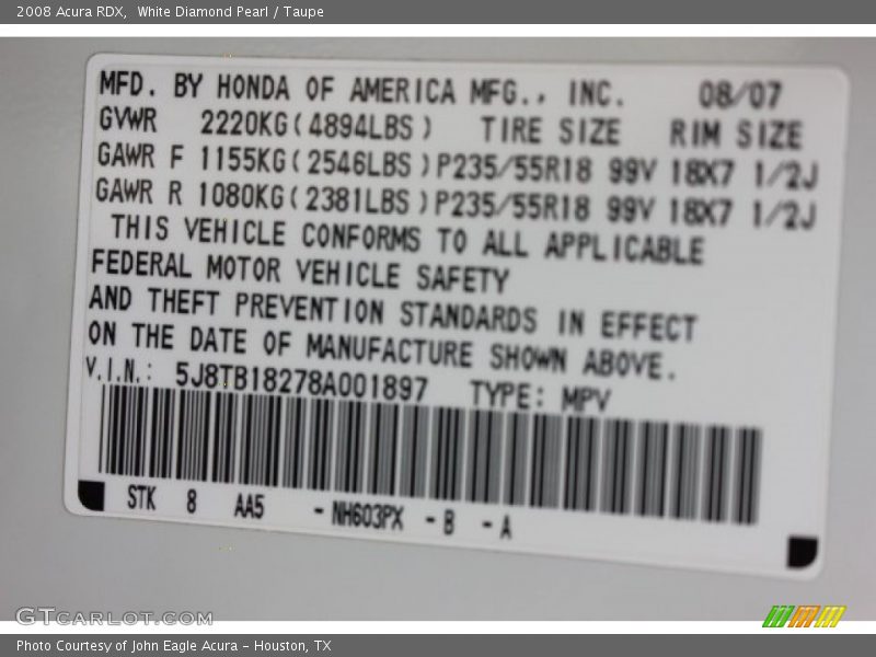 White Diamond Pearl / Taupe 2008 Acura RDX