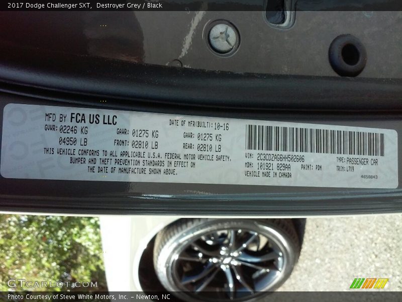 2017 Challenger SXT Destroyer Grey Color Code PDN