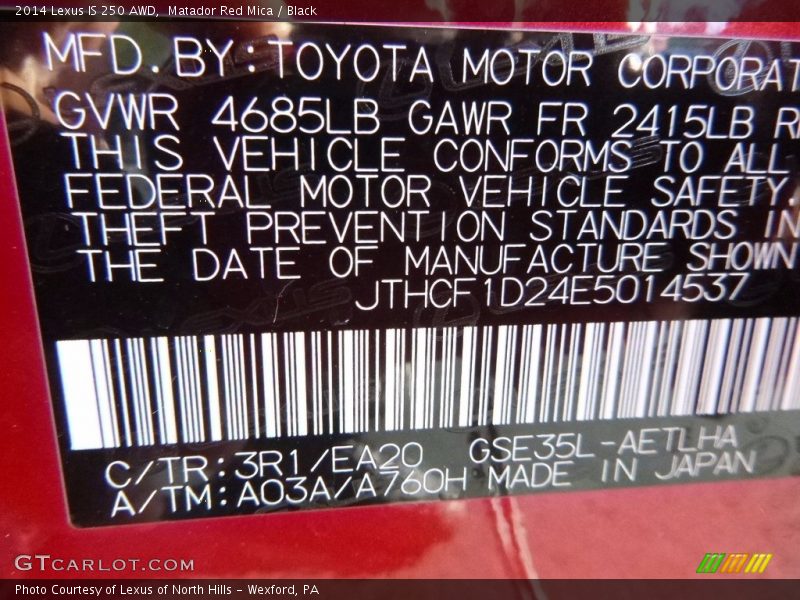 Matador Red Mica / Black 2014 Lexus IS 250 AWD