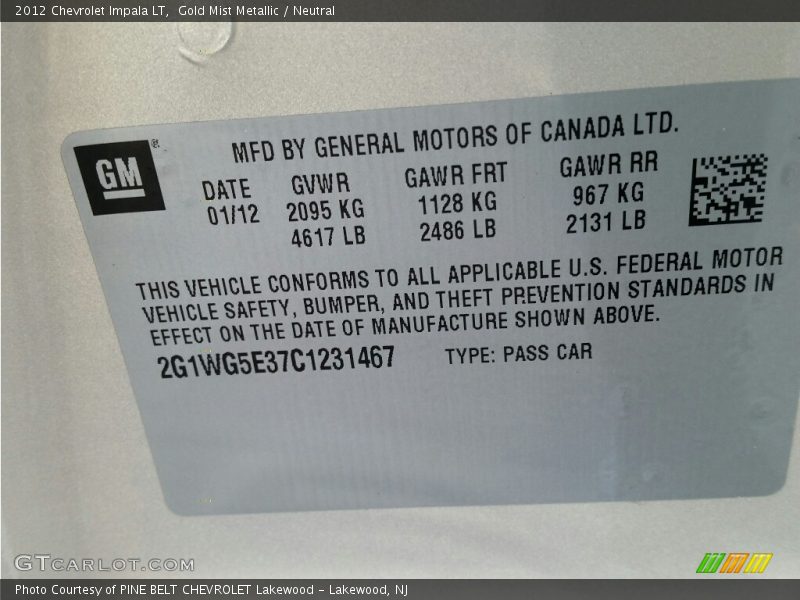 Gold Mist Metallic / Neutral 2012 Chevrolet Impala LT