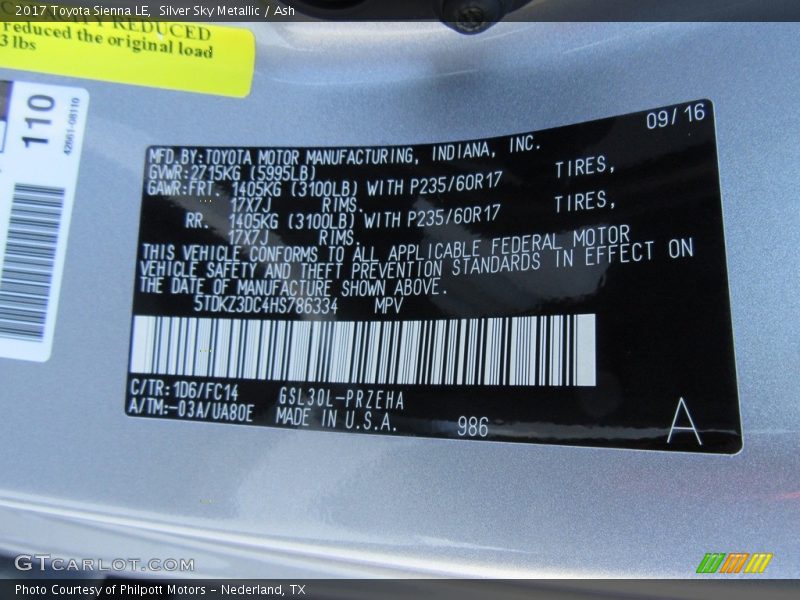 2017 Sienna LE Silver Sky Metallic Color Code 1D6
