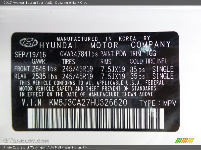 Dazzling White / Gray 2017 Hyundai Tucson Sport AWD