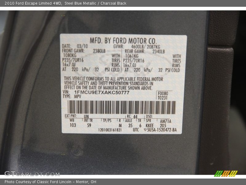 Steel Blue Metallic / Charcoal Black 2010 Ford Escape Limited 4WD