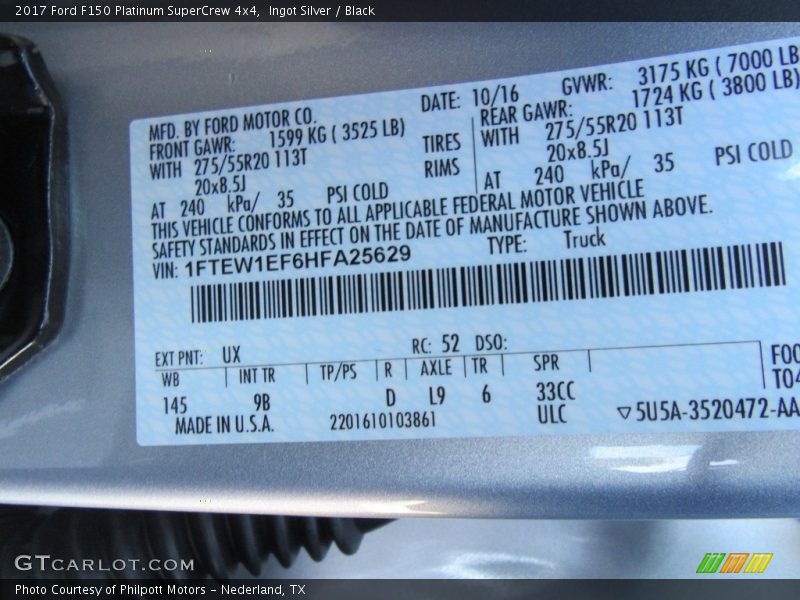 2017 F150 Platinum SuperCrew 4x4 Ingot Silver Color Code UX