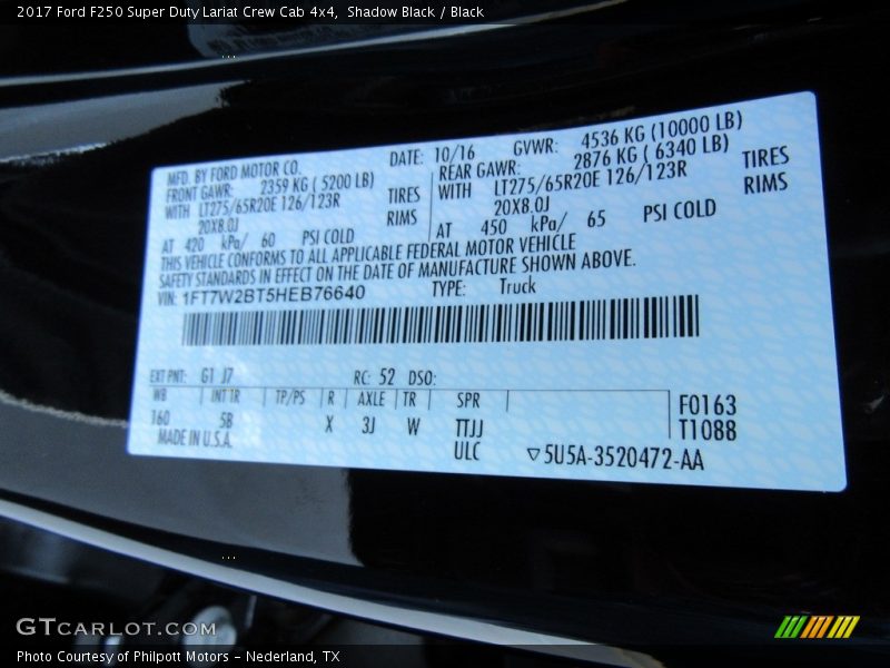2017 F250 Super Duty Lariat Crew Cab 4x4 Shadow Black Color Code G1