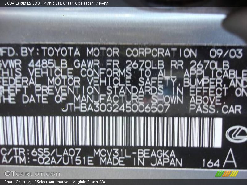 Mystic Sea Green Opalescent / Ivory 2004 Lexus ES 330
