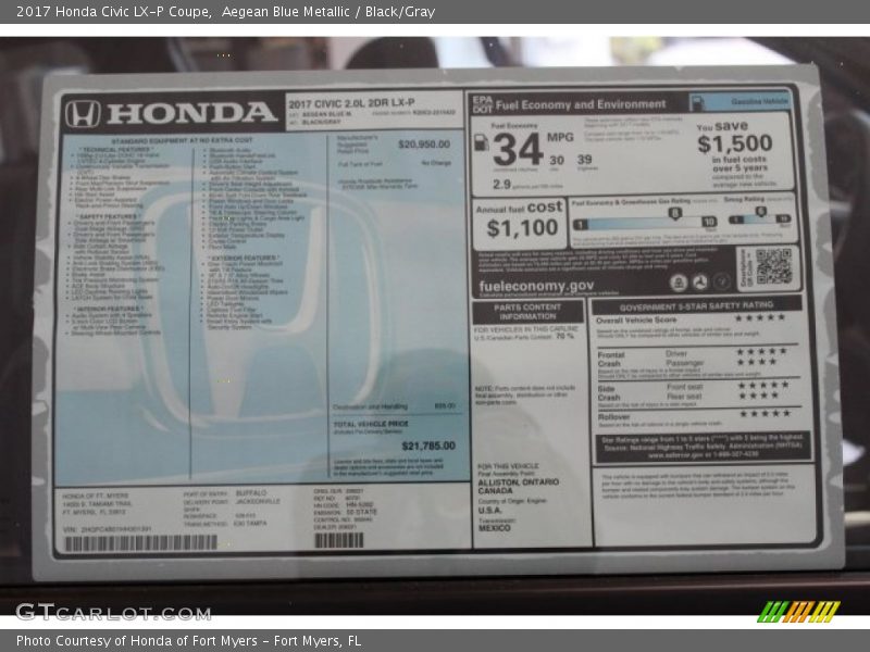 Aegean Blue Metallic / Black/Gray 2017 Honda Civic LX-P Coupe