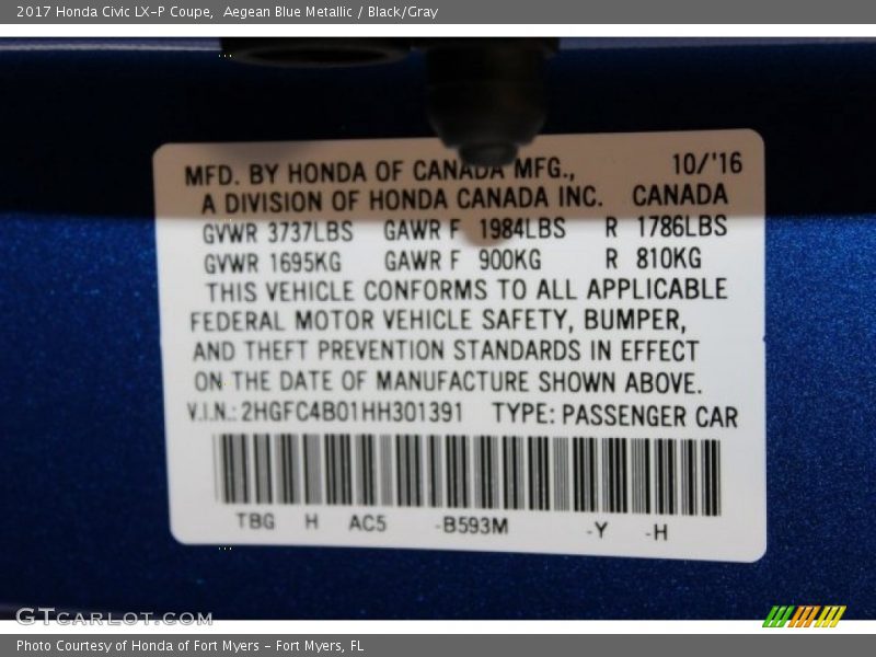 Aegean Blue Metallic / Black/Gray 2017 Honda Civic LX-P Coupe