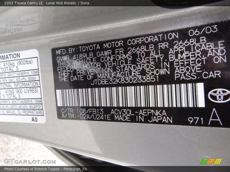 Lunar Mist Metallic / Stone 2003 Toyota Camry LE