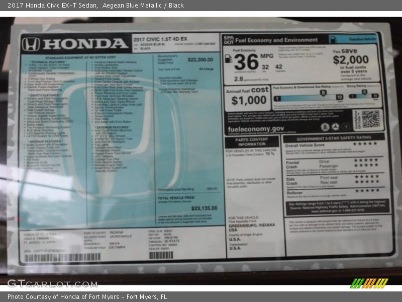  2017 Civic EX-T Sedan Window Sticker