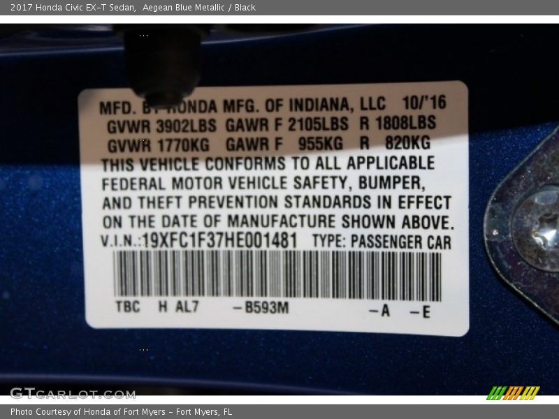 2017 Civic EX-T Sedan Aegean Blue Metallic Color Code B593M