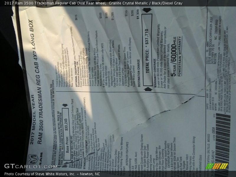  2017 3500 Tradesman Regular Cab Dual Rear Wheel Window Sticker