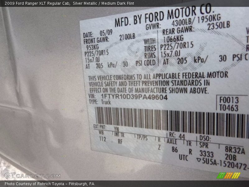 Silver Metallic / Medium Dark Flint 2009 Ford Ranger XLT Regular Cab