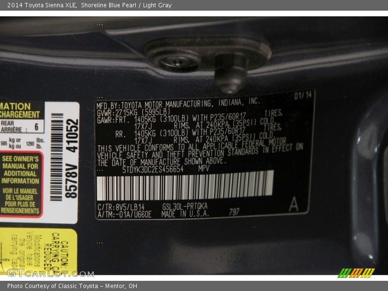 Shoreline Blue Pearl / Light Gray 2014 Toyota Sienna XLE