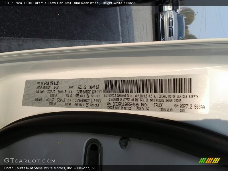 2017 3500 Laramie Crew Cab 4x4 Dual Rear Wheel Bright White Color Code PW7