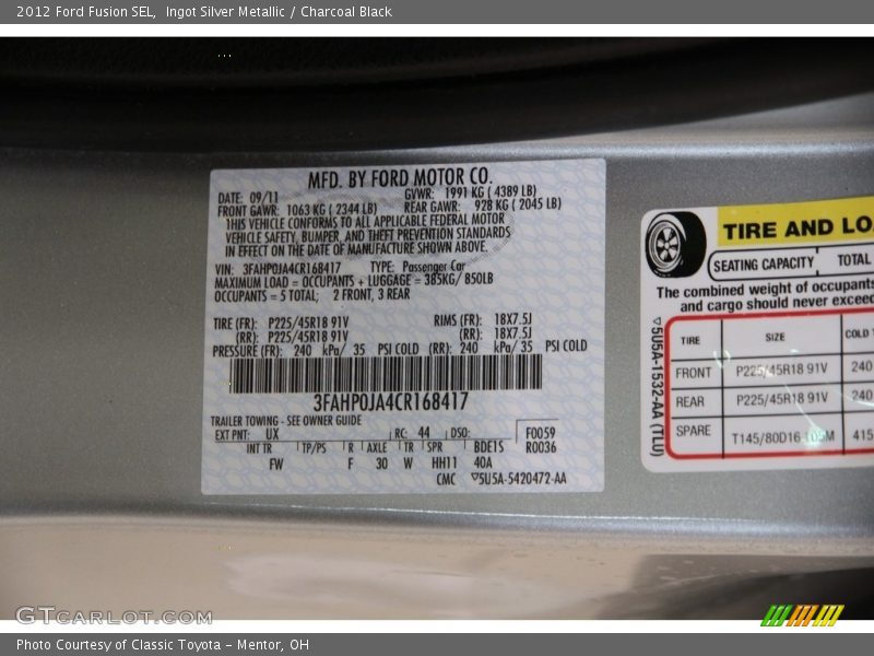 Ingot Silver Metallic / Charcoal Black 2012 Ford Fusion SEL