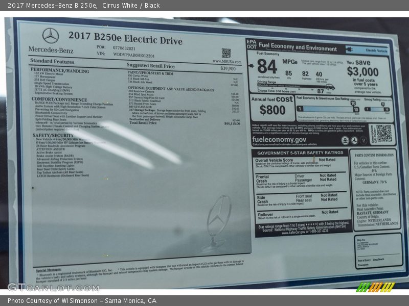  2017 B 250e Window Sticker