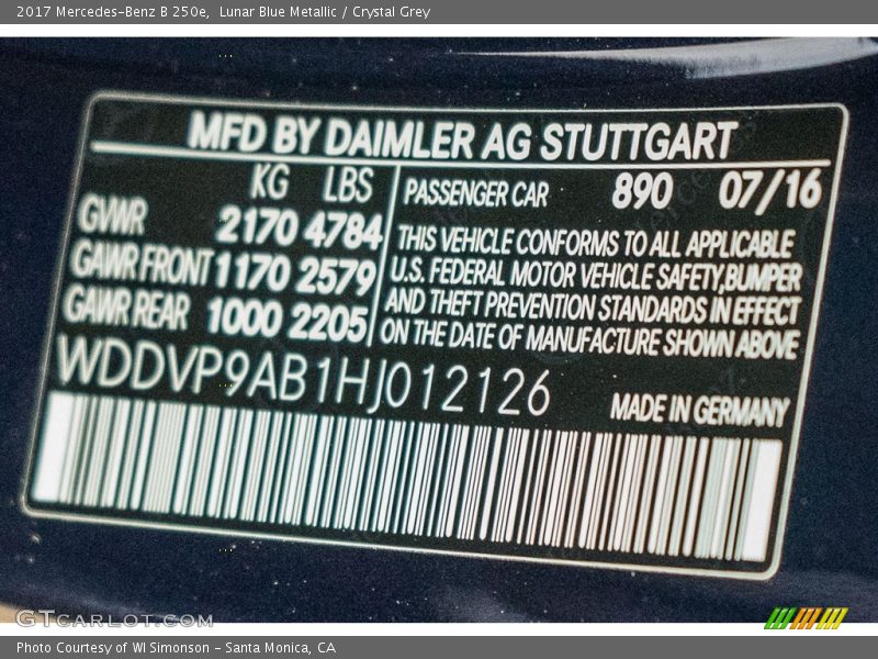 2017 B 250e Lunar Blue Metallic Color Code 890
