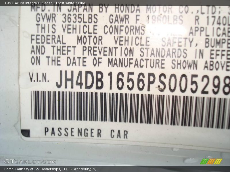 Frost White / Blue 1993 Acura Integra LS Sedan
