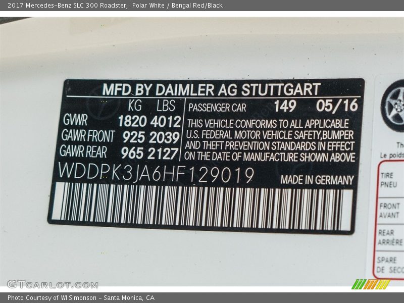 2017 SLC 300 Roadster Polar White Color Code 149