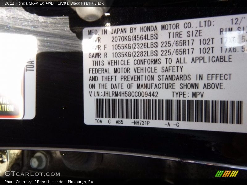 Crystal Black Pearl / Black 2012 Honda CR-V EX 4WD