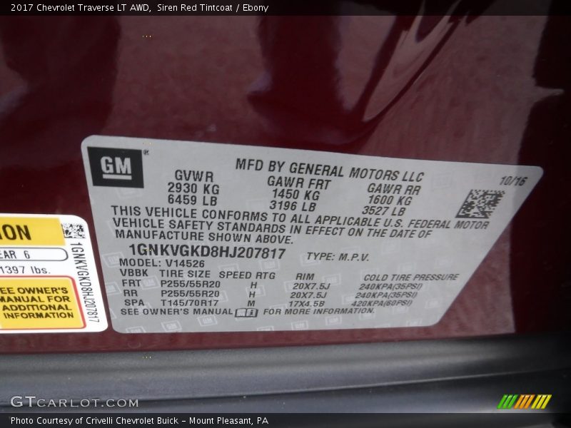 Siren Red Tintcoat / Ebony 2017 Chevrolet Traverse LT AWD
