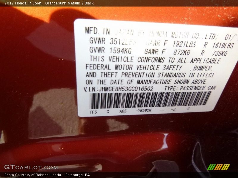 Orangeburst Metallic / Black 2012 Honda Fit Sport