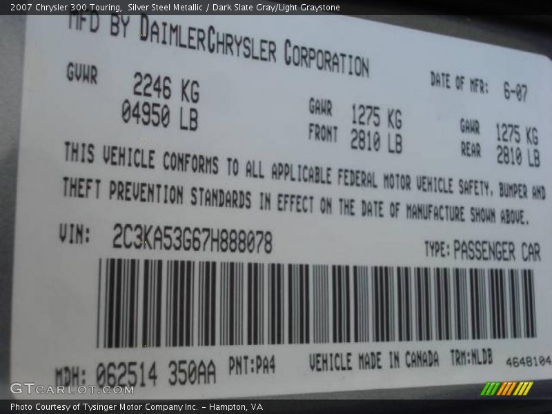 Silver Steel Metallic / Dark Slate Gray/Light Graystone 2007 Chrysler 300 Touring