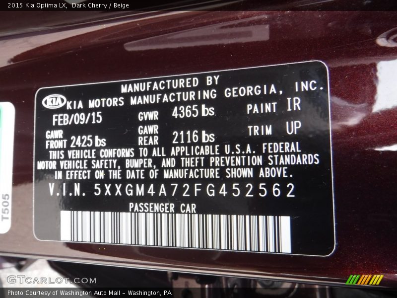 Dark Cherry / Beige 2015 Kia Optima LX