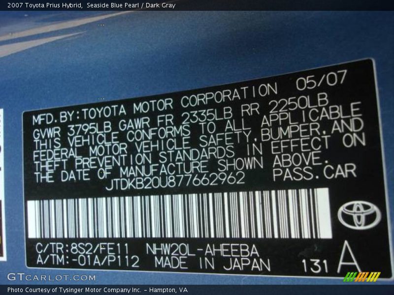 Seaside Blue Pearl / Dark Gray 2007 Toyota Prius Hybrid