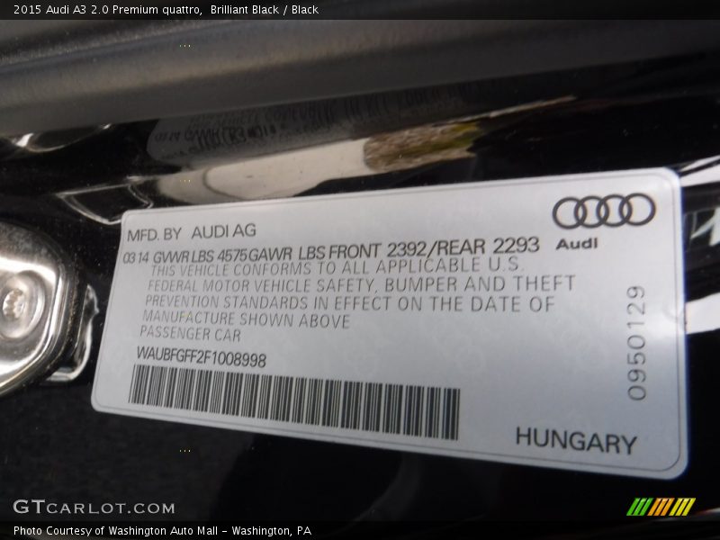 Brilliant Black / Black 2015 Audi A3 2.0 Premium quattro