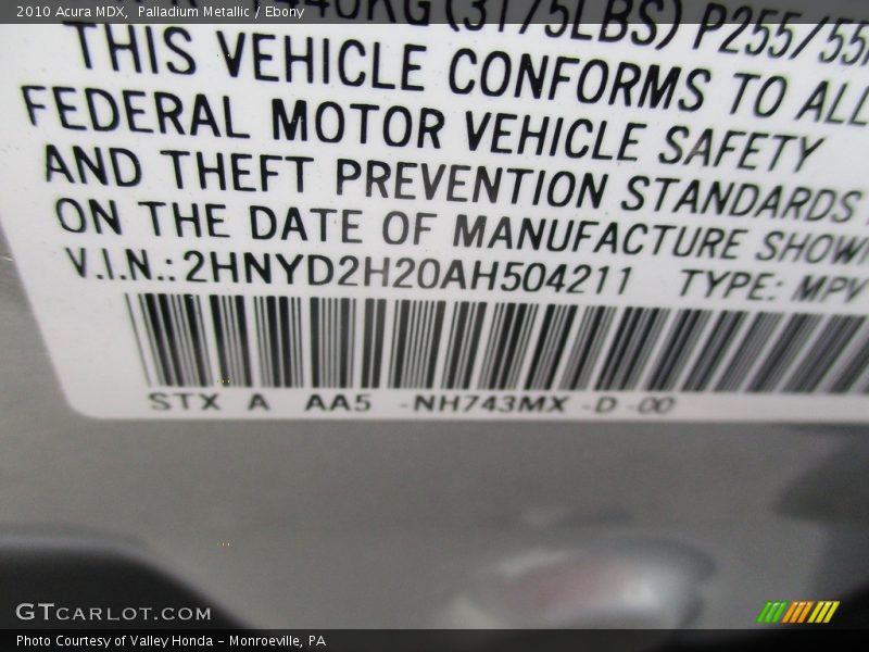 Palladium Metallic / Ebony 2010 Acura MDX