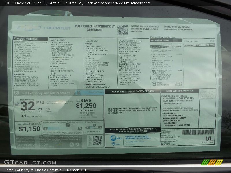 Arctic Blue Metallic / Dark Atmosphere/Medium Atmosphere 2017 Chevrolet Cruze LT