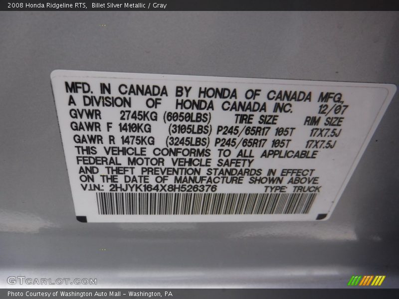 Billet Silver Metallic / Gray 2008 Honda Ridgeline RTS