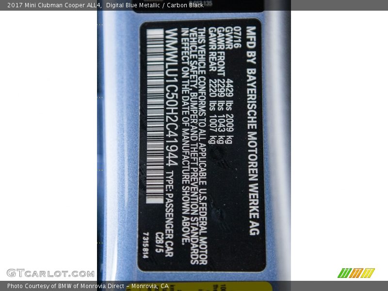 Digital Blue Metallic / Carbon Black 2017 Mini Clubman Cooper ALL4