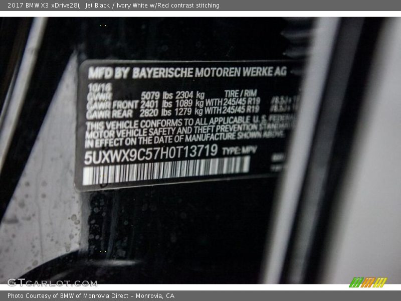 Jet Black / Ivory White w/Red contrast stitching 2017 BMW X3 xDrive28i