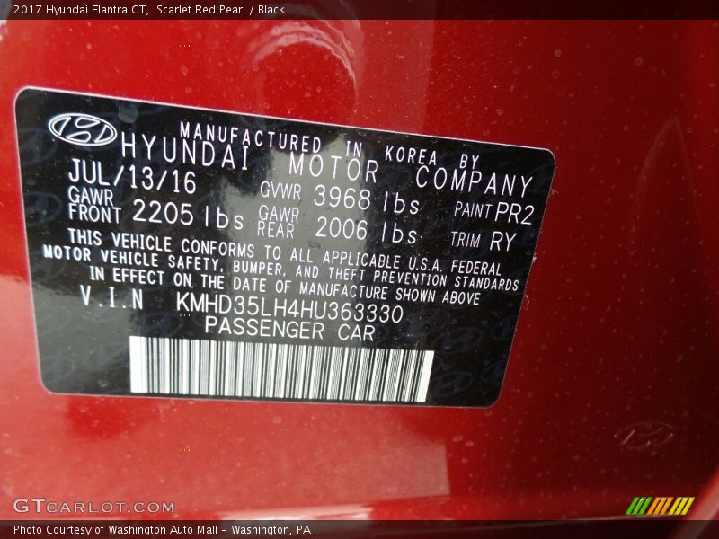 2017 Elantra GT  Scarlet Red Pearl Color Code PR2