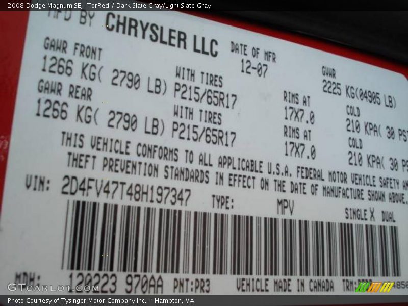 TorRed / Dark Slate Gray/Light Slate Gray 2008 Dodge Magnum SE