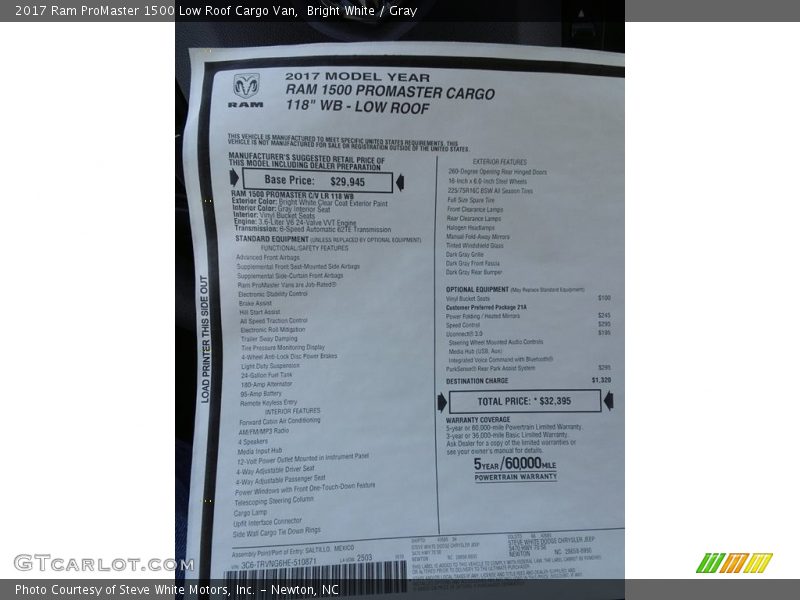  2017 ProMaster 1500 Low Roof Cargo Van Window Sticker