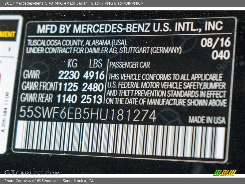 2017 C 43 AMG 4Matic Sedan Black Color Code 040