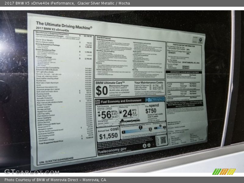  2017 X5 xDrive40e iPerformance Window Sticker