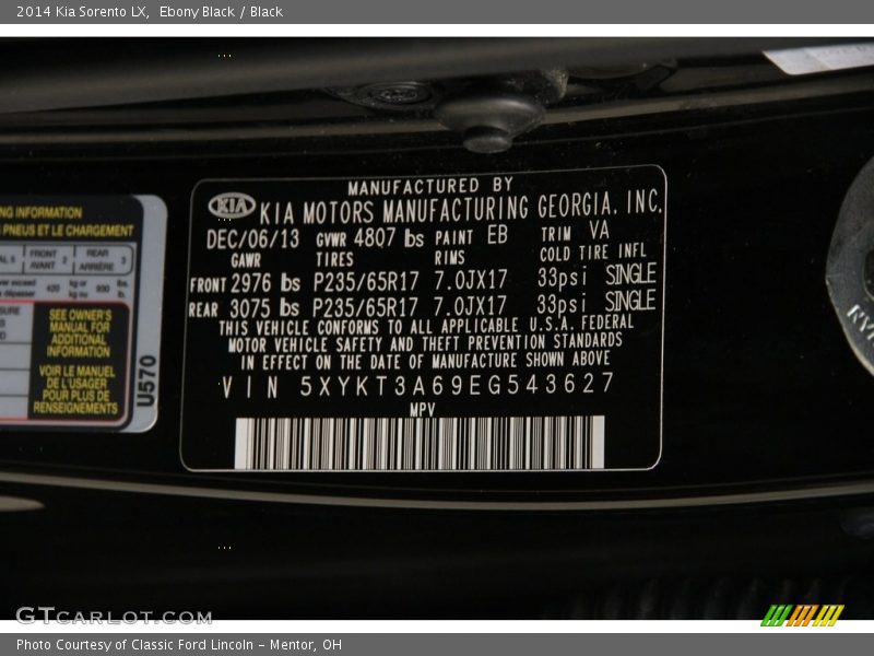 Ebony Black / Black 2014 Kia Sorento LX