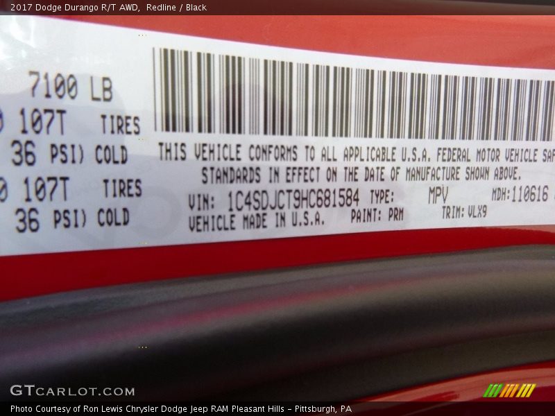 2017 Durango R/T AWD Redline Color Code PRM