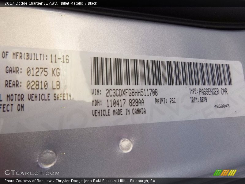 2017 Charger SE AWD Billet Metallic Color Code PSC