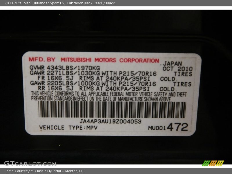 Labrador Black Pearl / Black 2011 Mitsubishi Outlander Sport ES