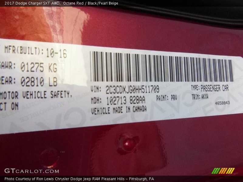 2017 Charger SXT AWD Octane Red Color Code PRV