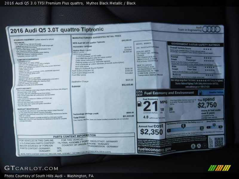Mythos Black Metallic / Black 2016 Audi Q5 3.0 TFSI Premium Plus quattro