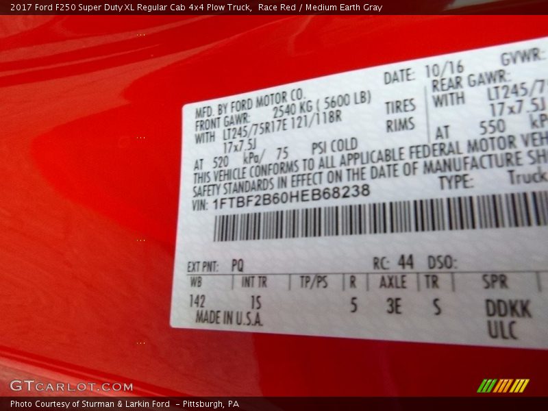 2017 F250 Super Duty XL Regular Cab 4x4 Plow Truck Race Red Color Code PQ