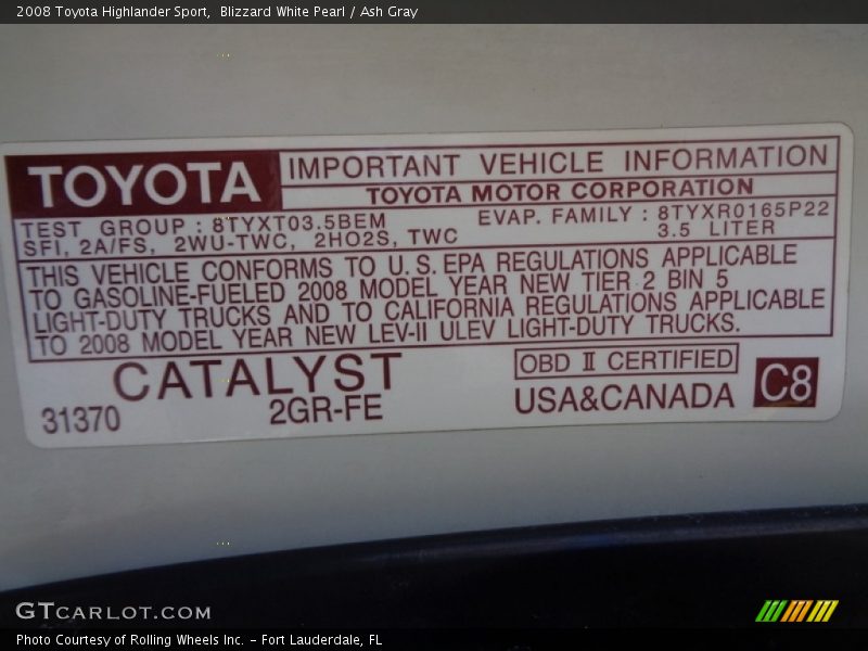 Blizzard White Pearl / Ash Gray 2008 Toyota Highlander Sport